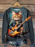 Funny Rock Cat Print Casual Sweatshirt