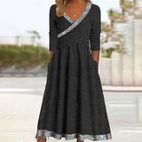 Black V-Neck Long Sleeve Midi Dress