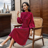 Elegant Velvet Pleated Floral Midi Dress