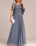 Dusty Blue Patchwork Half Sleeve Round Neck Maxi Dress