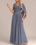 Dusty Blue Patchwork Half Sleeve Round Neck Maxi Dress