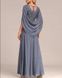 Dusty Blue Patchwork Half Sleeve Round Neck Maxi Dress