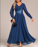 Navy Surplice Long Sleeve V Neck Maxi Dress