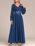 Navy Surplice Long Sleeve V Neck Maxi Dress