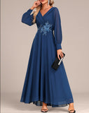 Navy Surplice Long Sleeve V Neck Maxi Dress