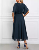 Navy Surplice High Low Half Sleeve V Neck Dress