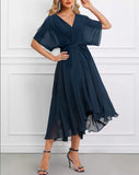 Navy Surplice High Low Half Sleeve V Neck Dress