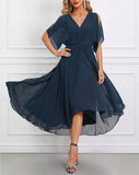 Navy Surplice High Low Half Sleeve V Neck Dress