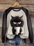 Funny Cute Clipart Cat Coffee Printed Sweatshirt