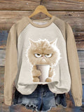 Funny Cute Clipart Cat Coffee Printed Sweatshirt