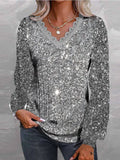 Silver Gray Sequined Long Sleeve Top