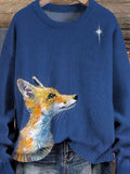 Cute Fox Looks At The Star Art Pattern Print Casual Knit Pullover Sweater