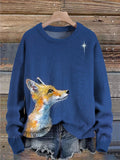 Cute Fox Looks At The Star Art Pattern Print Casual Knit Pullover Sweater