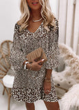 Retro Brown Print 3/4 Sleeve Mini Dress