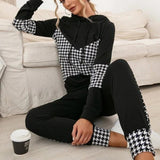 Classy Hoodie Houndstooth Print Two Piece Set