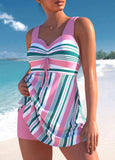 Pink Cross Strap Stripe Print Swimdress and Shorts