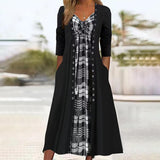 Women's Long Sleeve V-neck Plaid Printed Midi Dress