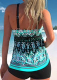 Tribal Print Cyan Wide Strap Tankini Set