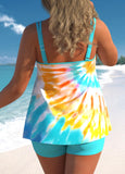 Plus Size Tie Dye Print Cyan Tankini Set