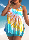 Plus Size Tie Dye Print Cyan Tankini Set