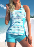 Stripe and Tropical Print Sky Blue Tankini Set