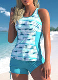 Stripe and Tropical Print Sky Blue Tankini Set