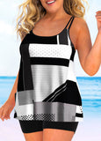 Geometric Print Plus Size Black Double Straps Tankini Set