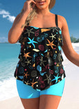 Marine Life Print Layered Hem Plus Size Tankini Set