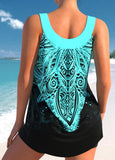 Tribal Print Cyan Wide Strap Tankini Top