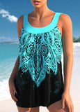 Tribal Print Cyan Wide Strap Tankini Top