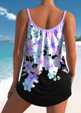 Floral Print Bowknot Light Purple Tankini Top