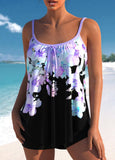 Floral Print Bowknot Light Purple Tankini Top