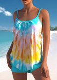 Tie Dye Print Bowknot Cyan Tankini Set