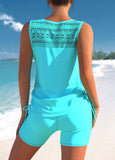 Lace Patchwork Cross Strap Cyan Tankini Set