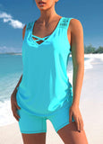 Lace Patchwork Cross Strap Cyan Tankini Set