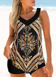 Wide Strap Floral Print Curved Hem Tankini Set