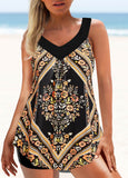 Wide Strap Floral Print Curved Hem Tankini Set