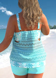 Plus Size Lace Stitching Cyan Leaf Print Tankini Set