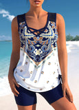 Tribal Print Navy Blue Cross Strap Tankini Set