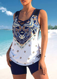 Tribal Print Navy Blue Cross Strap Tankini Set