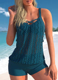 Peacock Blue Cross Strap Lace Stitching Tankini Set