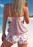 Floral Print Lace Patchwork Light Pink Tankini Set