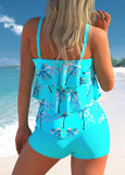 Coconut Tree Print Cyan Layered Hem Tankini Set