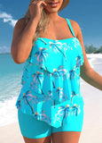 Plus Size Cyan Coconut Tree Print Tankini Set