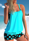 Polka Dot Cyan Wide Strap Blouson Tankini Set