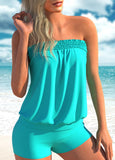 Smocked Strapless Turquoise Blouson Tankini Set