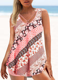 Floral Print Cross Strap Pink Tankini Set