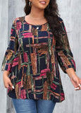 Round Neck Plus Size Printed 3/4 Sleeve T Shirt