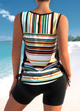 Cross Strap Striped Tie Side Tankini Set