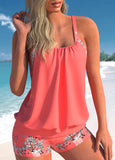 Plant Print Coral Red Blouson Tankini Set